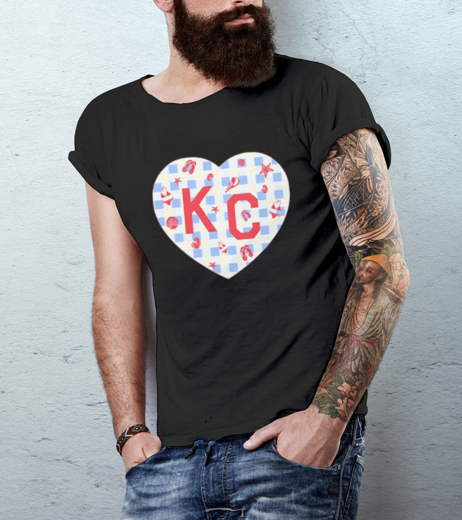 KC Heart Summertime Oatmeal Checkered Seashells And Starfish T-Shirt