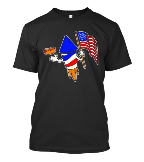 Fireworks Rocket American Flag And Hot Dog Celebration T-Shirt