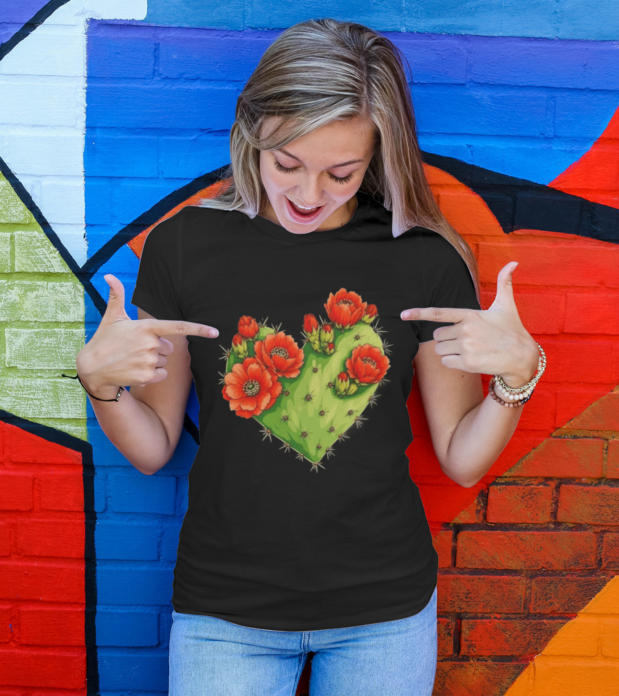 Heart Shaped Cactus With Vibrant Red Flowers T-Shirt