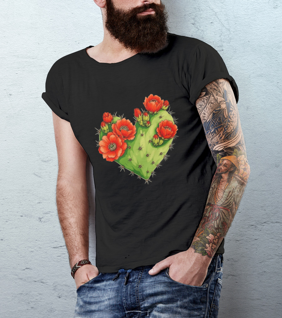 Heart Shaped Cactus With Vibrant Red Flowers T-Shirt