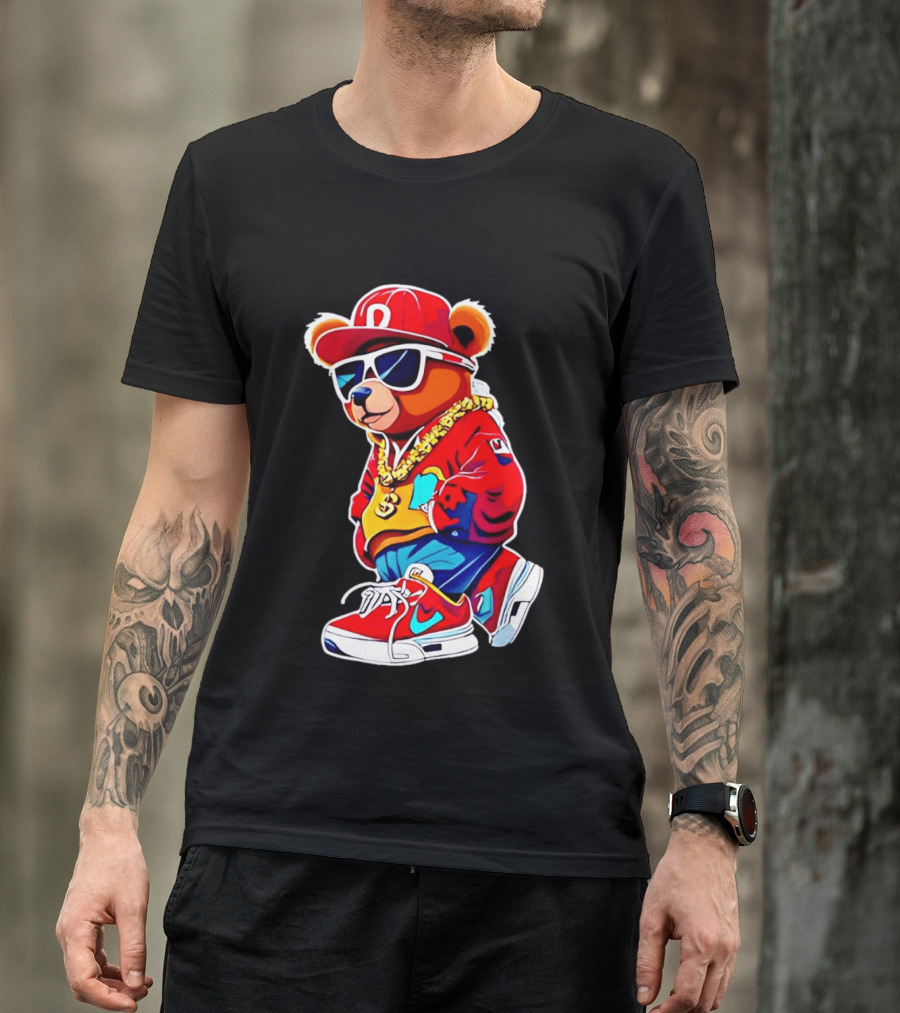 Hip Hop Teddy Bear Swag With Red Cap And Sunglasses T-Shirt