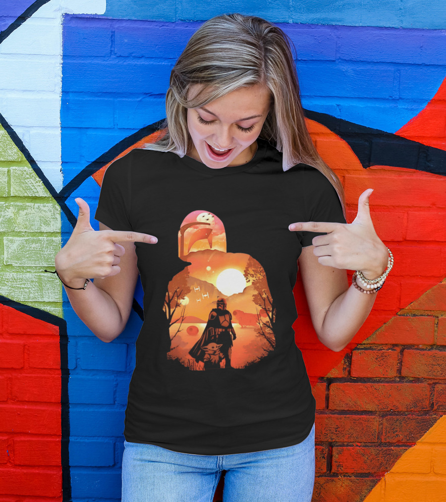 Hunting Companions Bounty Hunter Sunset Mandalorian Grogu Art By Dandingeroz T-Shirt
