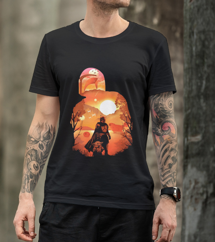 Hunting Companions Bounty Hunter Sunset Mandalorian Grogu Art By Dandingeroz T-Shirt