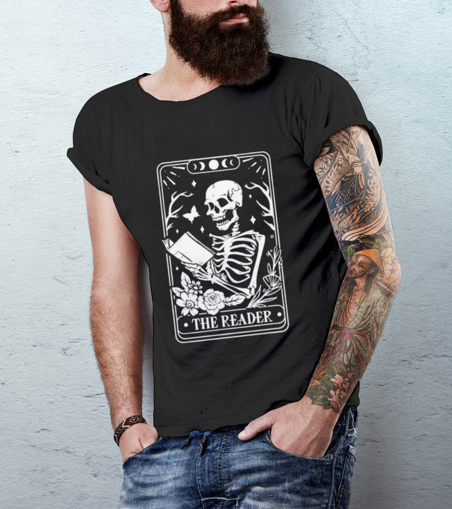 The Reader Skeleton Book Moon Phases Floral Tarot Card T-Shirt