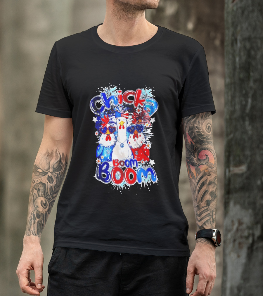 Chicka Boom Boom Patriotic Chickens With Headbands And Peace Signs T-Shirt
