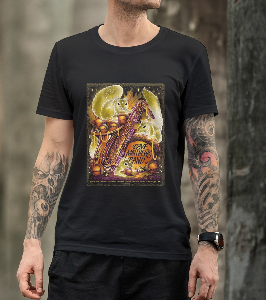 Dave Matthews Band June 5 2026 Coastal Credit Union Music Park Raleigh NC Squirrels Saxophone Acorns T-Shirt