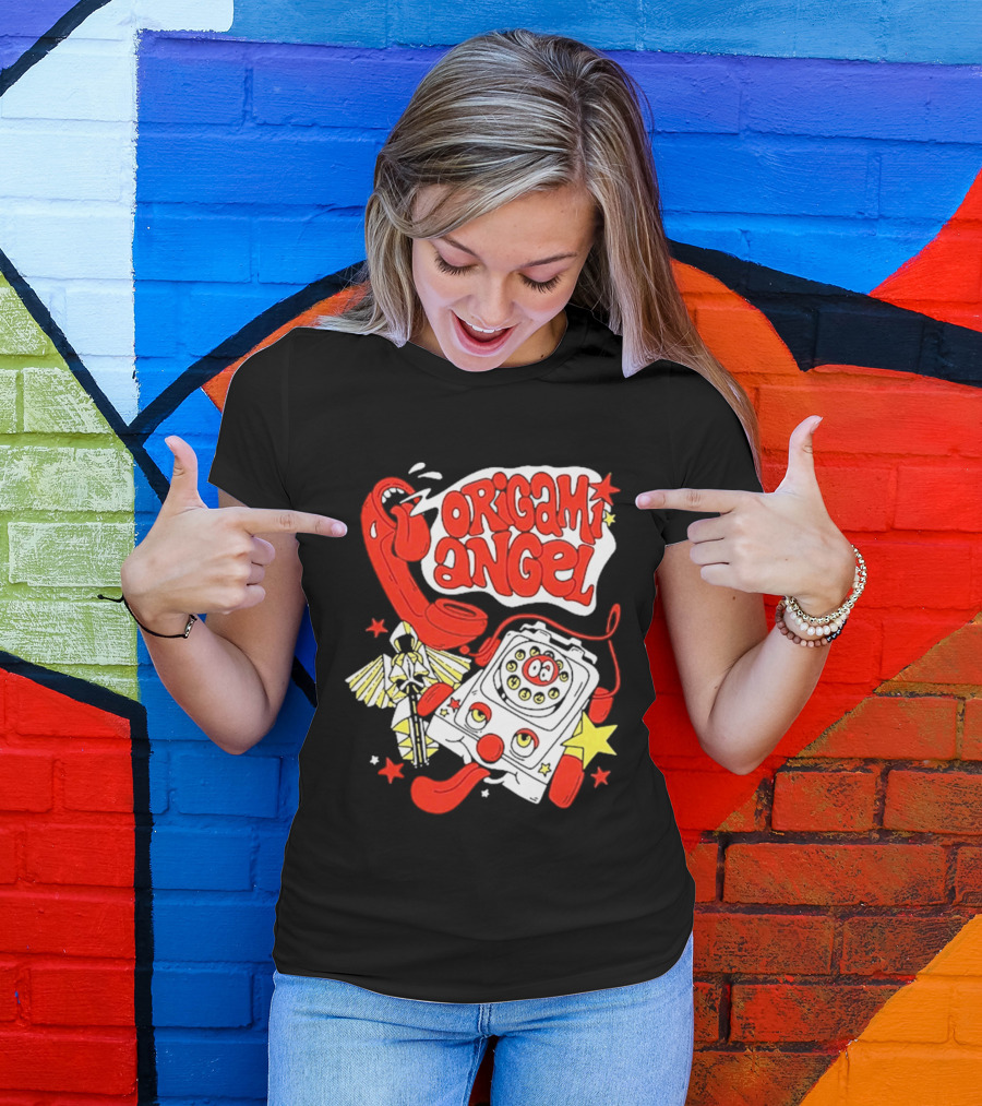 Origami Angel Retro Phone Illustration With Stars And Wings T-Shirt