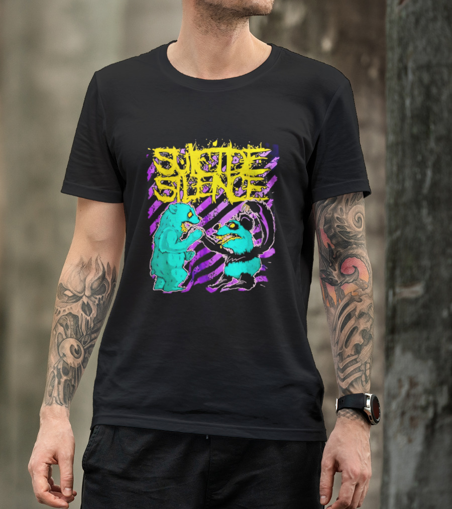 Suicide Silence Bears And Pandas Face Off In Striped Painting T-Shirt