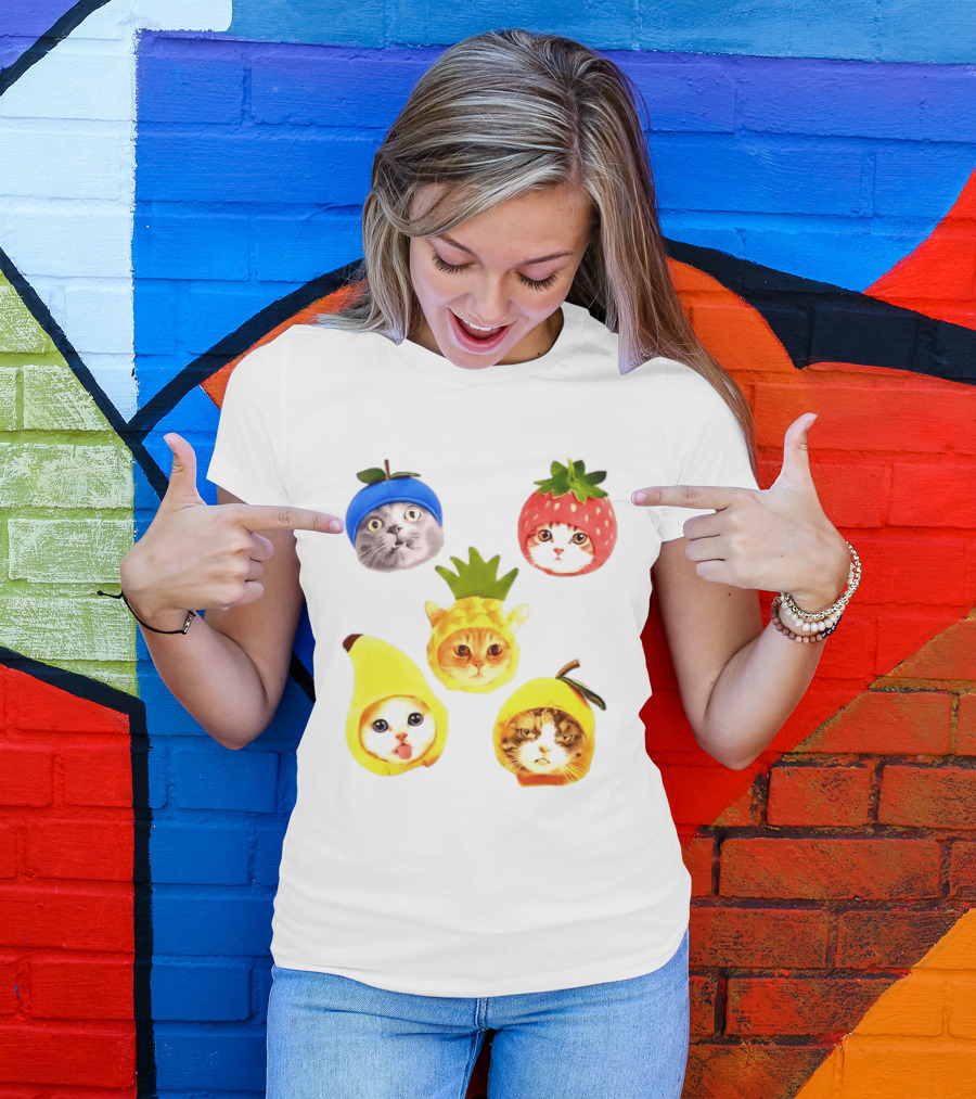 Whimsical Cats In Fruit Hats Blueberry Strawberry Pineapple Banana Apple T-Shirt