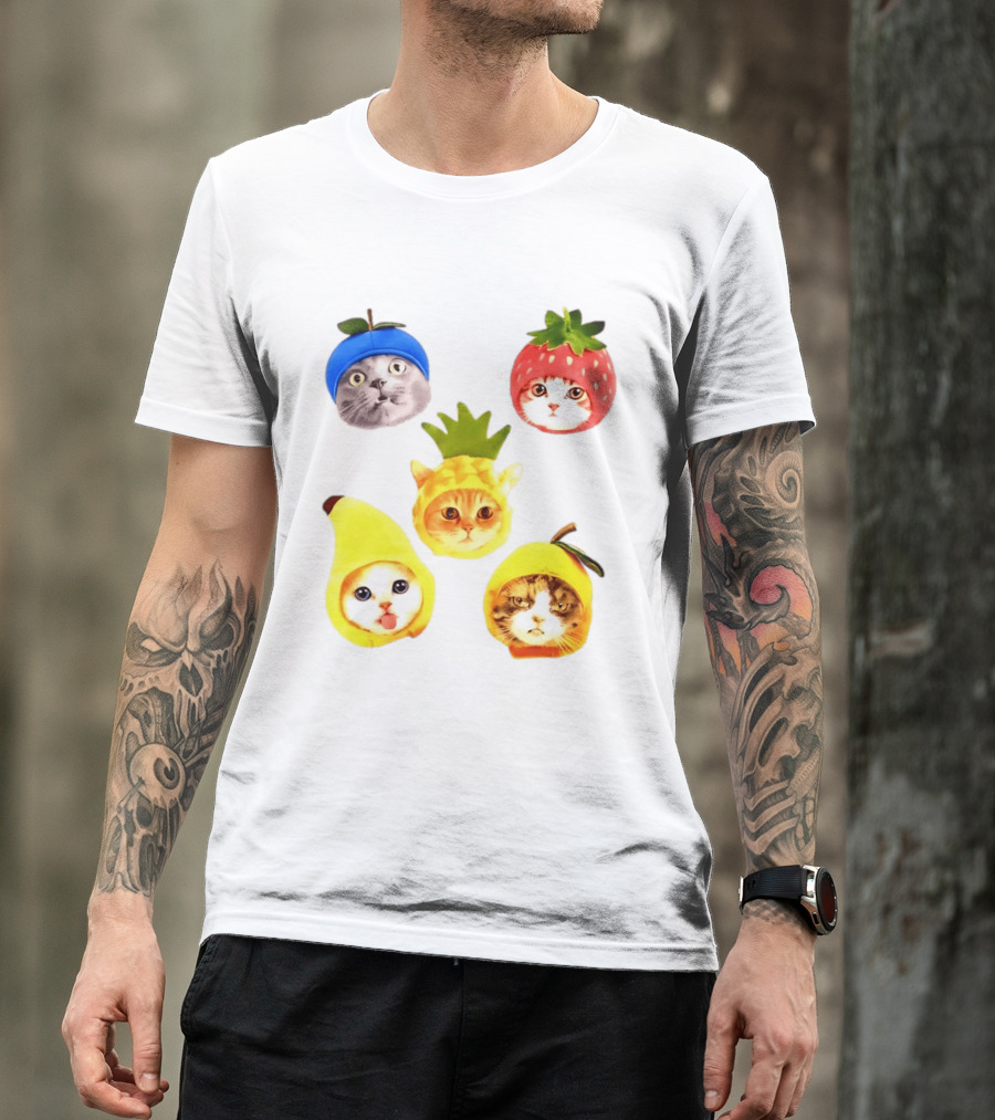 Whimsical Cats In Fruit Hats Blueberry Strawberry Pineapple Banana Apple T-Shirt