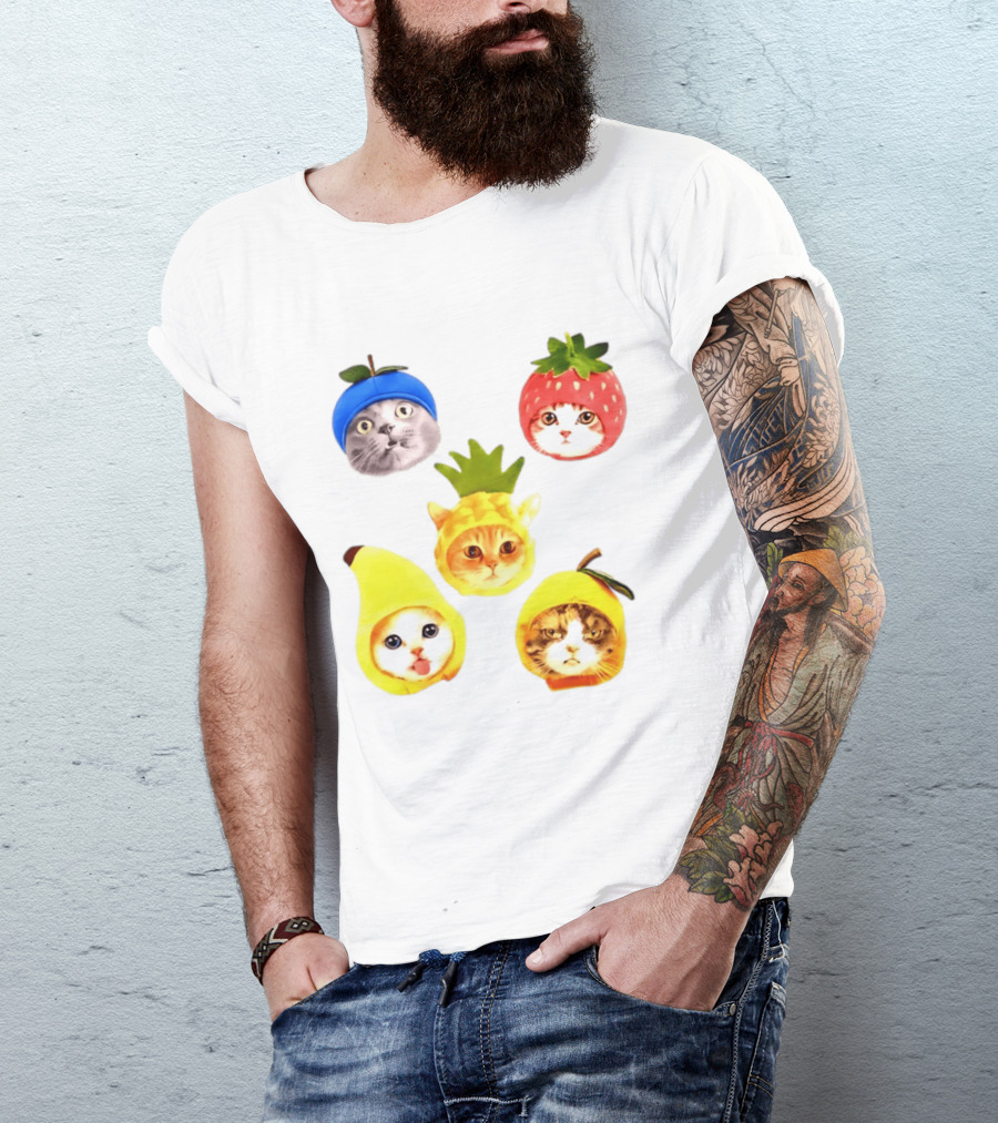 Whimsical Cats In Fruit Hats Blueberry Strawberry Pineapple Banana Apple T-Shirt