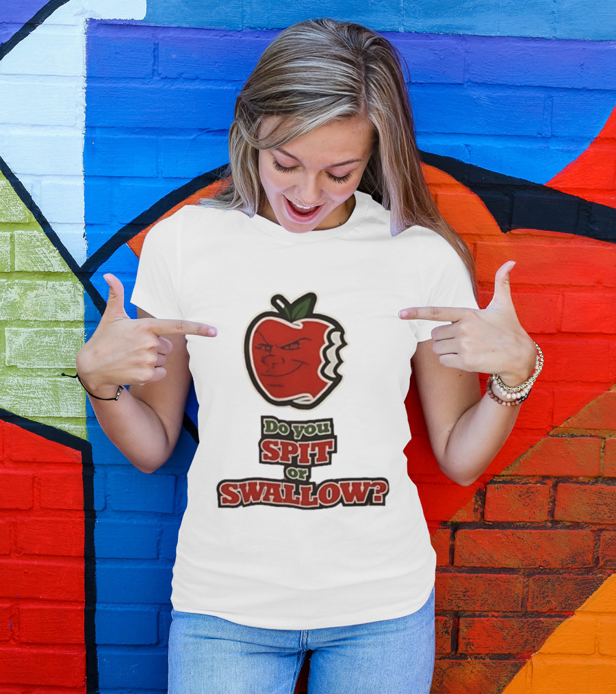 Do You Spit Or Swallow Question With Grinning Apple Bite T-Shirt