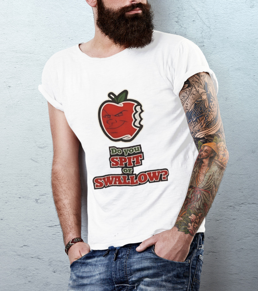 Do You Spit Or Swallow Question With Grinning Apple Bite T-Shirt