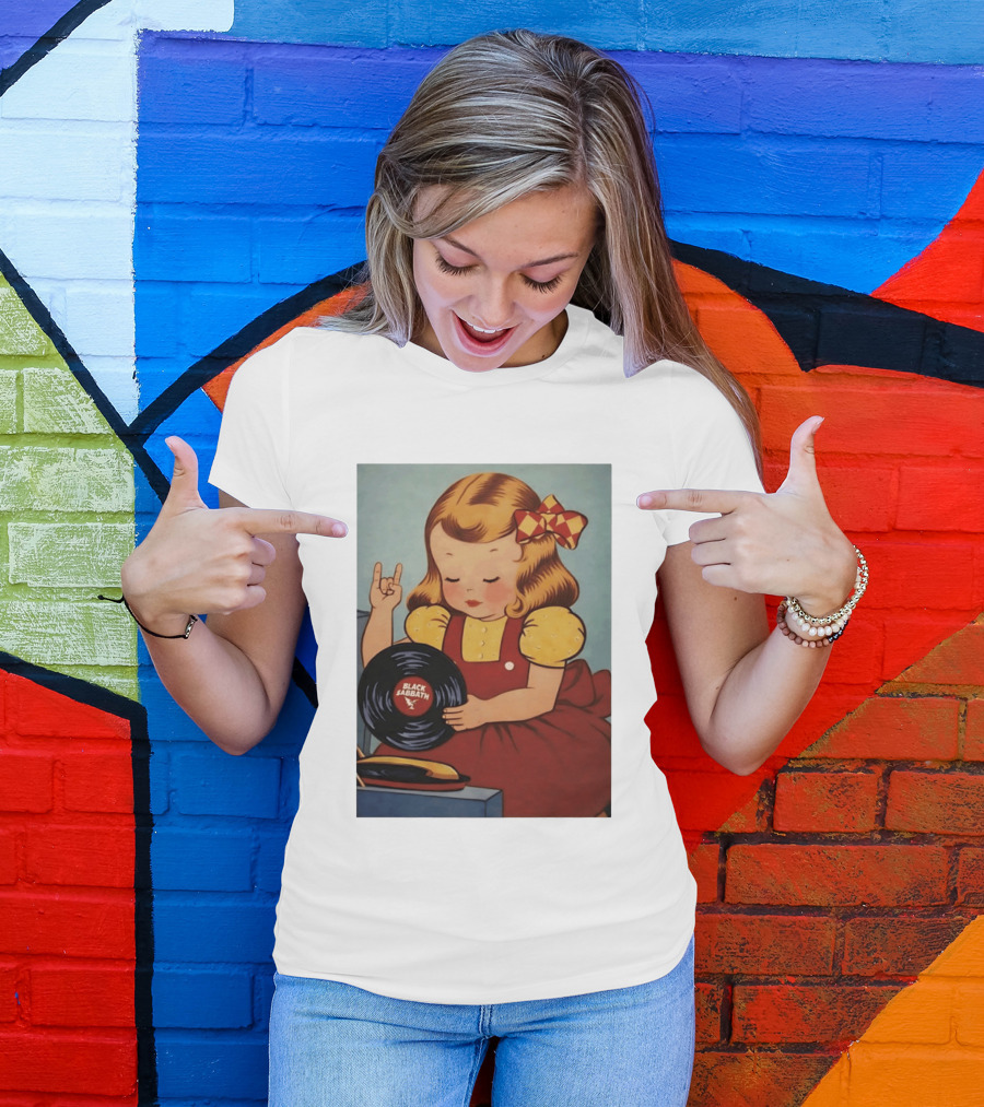 Girl Holding Black Sabbath Vinyl Heavy Metal T-Shirt