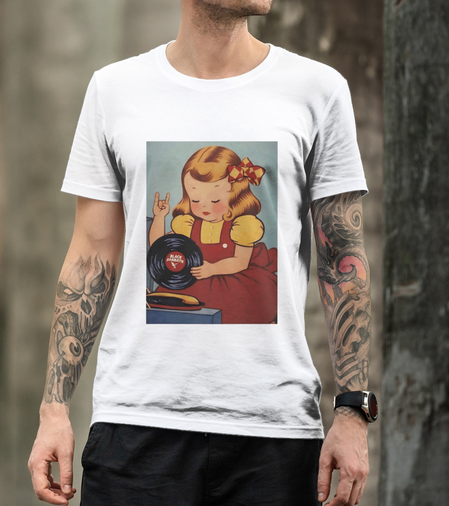 Girl Holding Black Sabbath Vinyl Heavy Metal T-Shirt