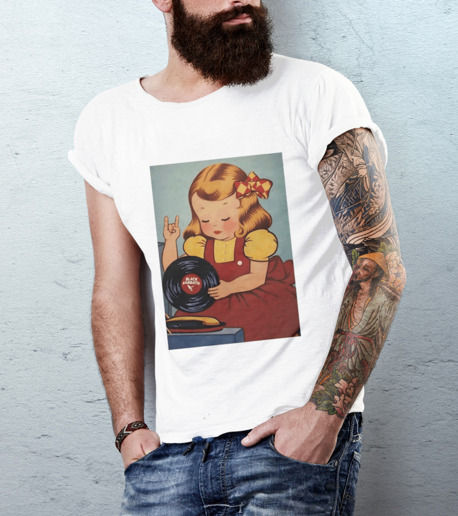 Girl Holding Black Sabbath Vinyl Heavy Metal T-Shirt