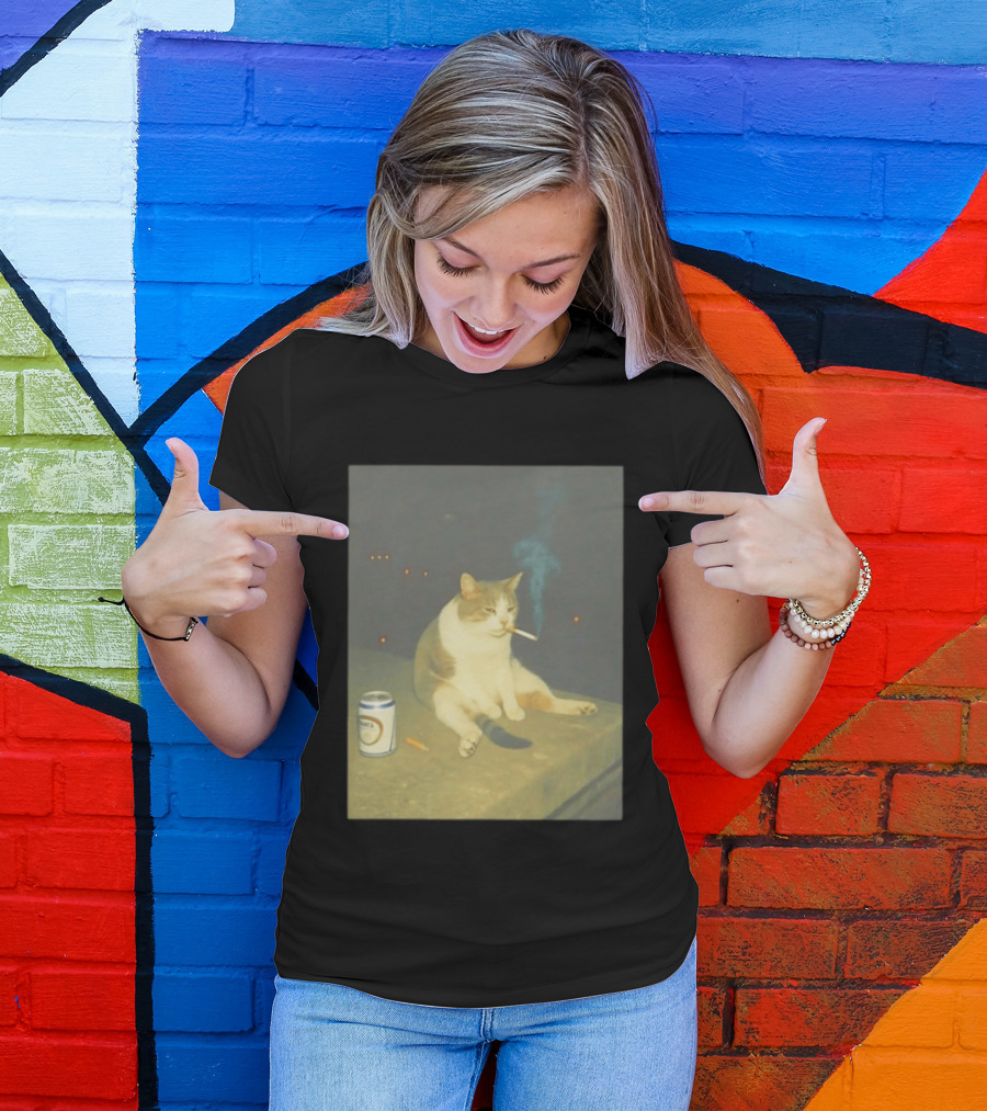 Depressed Cat Smoking Cigarette Meme With Beer Can T-Shirt