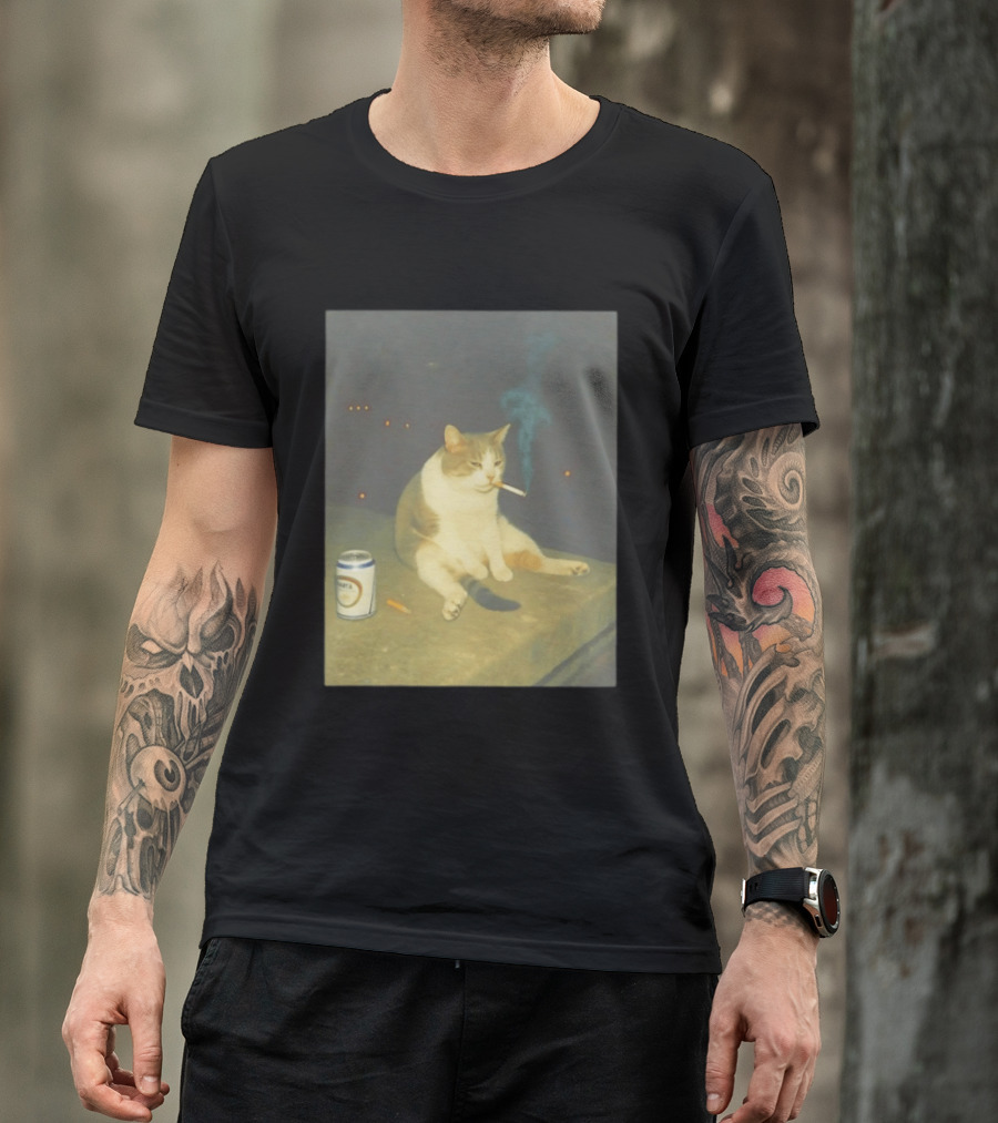 Depressed Cat Smoking Cigarette Meme With Beer Can T-Shirt