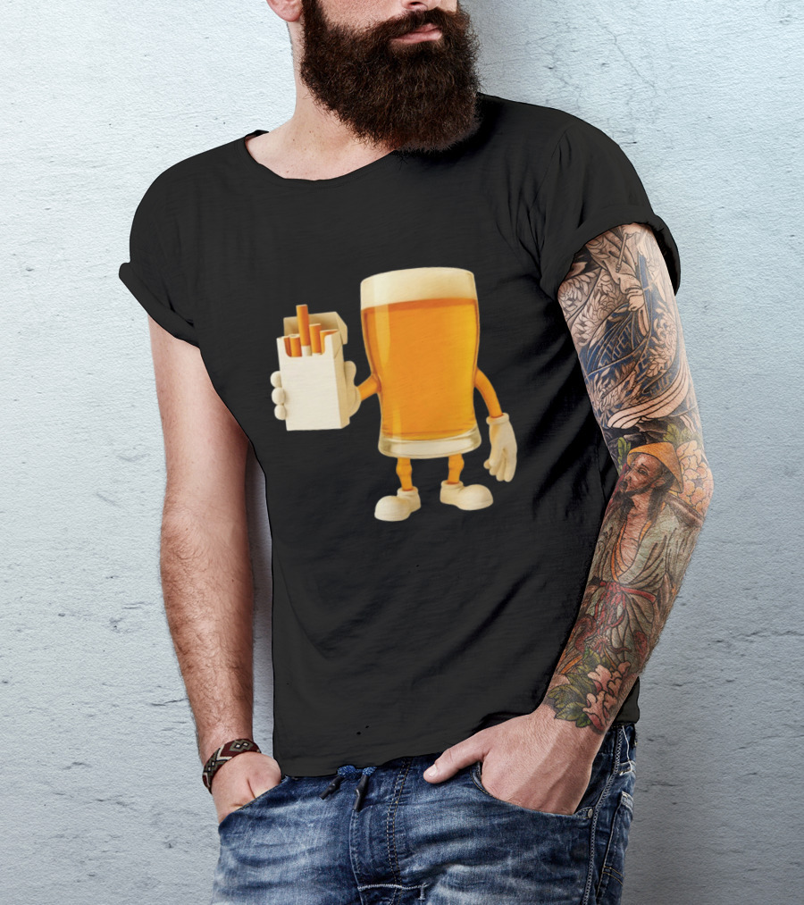 Beer Glass Holding Cigarettes Funny Drunk Cigs T-Shirt