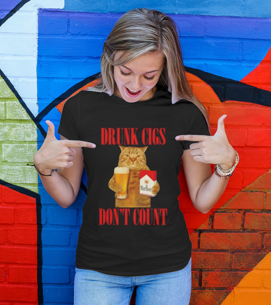 Drunk Cigs Don't Count Cat With Beer And Cigarette Pack T-Shirt