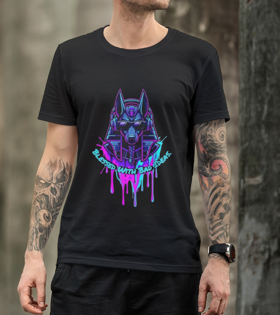 Blessed With Bad Ideas Anubis Headphones Neon Egyptian Mythology T-Shirt