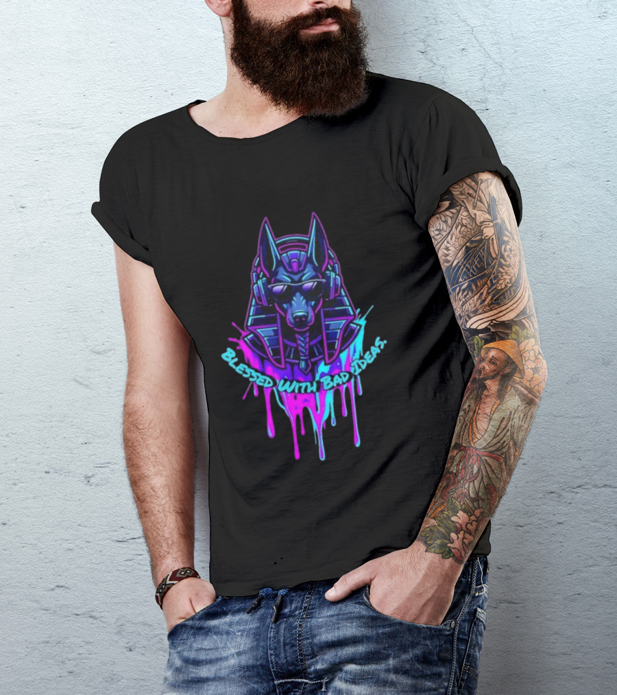 Blessed With Bad Ideas Anubis Headphones Neon Egyptian Mythology T-Shirt