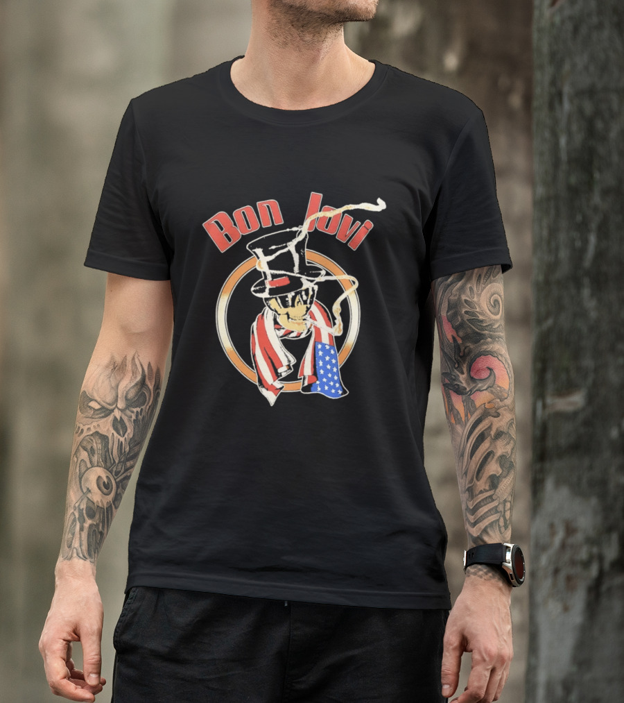 Bon Jovi American Skull With Patriotic Top Hat And Flag Scarf T-Shirt
