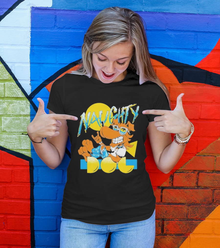 Naughty Dog Retro Cartoon Character With Sunglasses And Sunburst T-Shirt