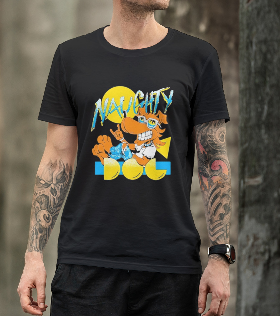 Naughty Dog Retro Cartoon Character With Sunglasses And Sunburst T-Shirt