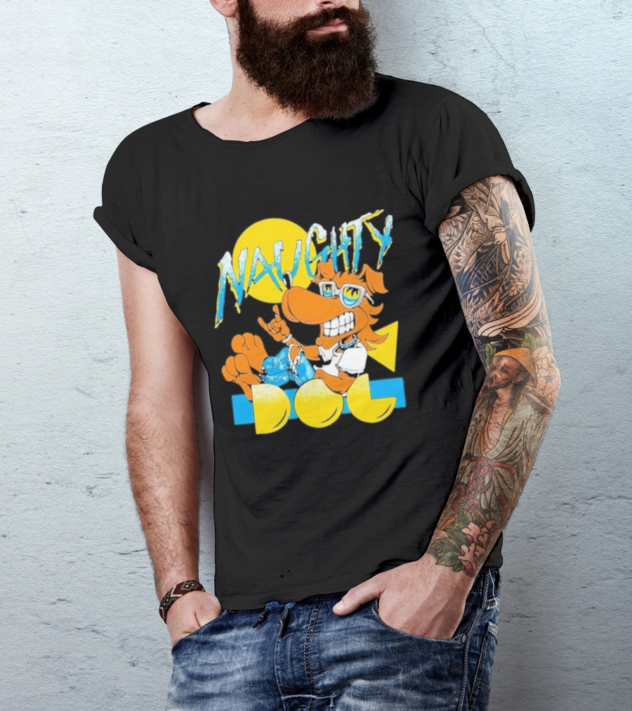 Naughty Dog Retro Cartoon Character With Sunglasses And Sunburst T-Shirt