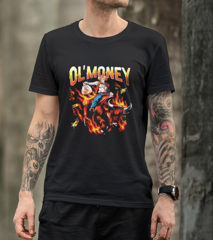 Ol' Money RSN Brand Skeleton Cowboy Riding Flaming Bull T-Shirt