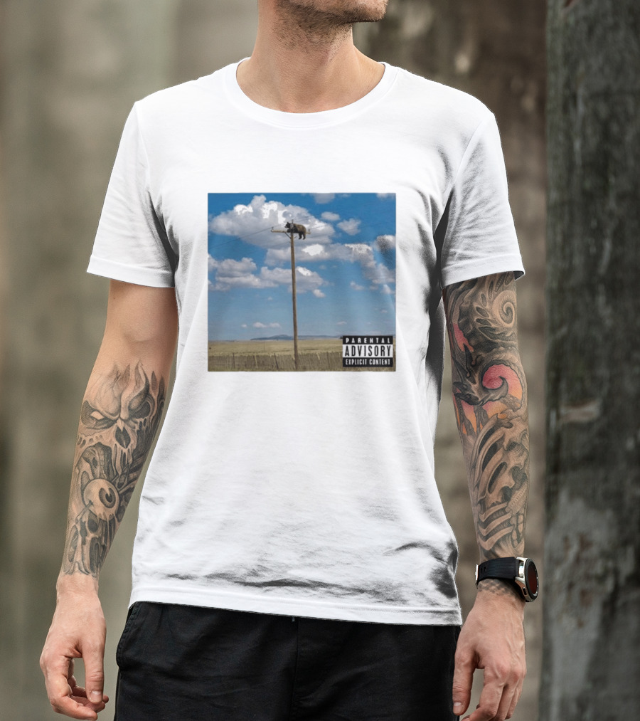 Bear On Top Of The Light Pole Parental Advisory Explicit Content Clouds Sky T-Shirt