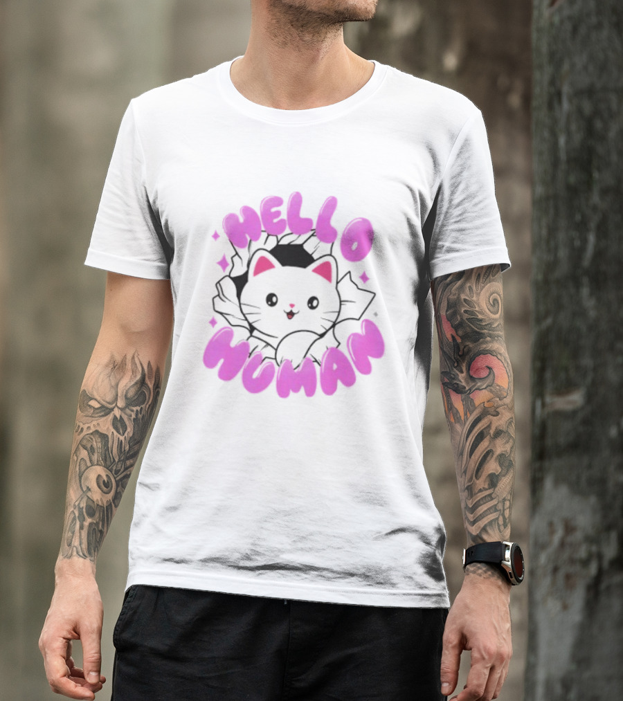 Hello Human Kawaii Cat Kitten Cute Pink T-Shirt