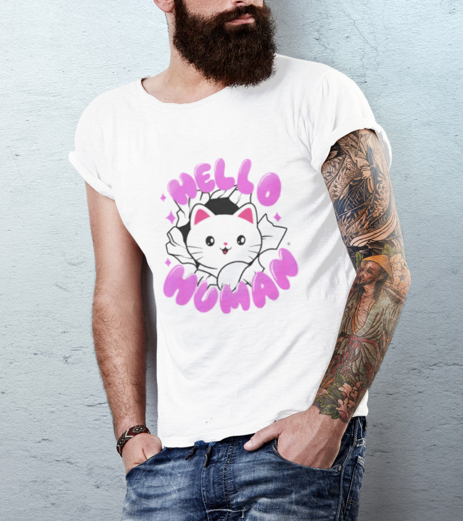 Hello Human Kawaii Cat Kitten Cute Pink T-Shirt