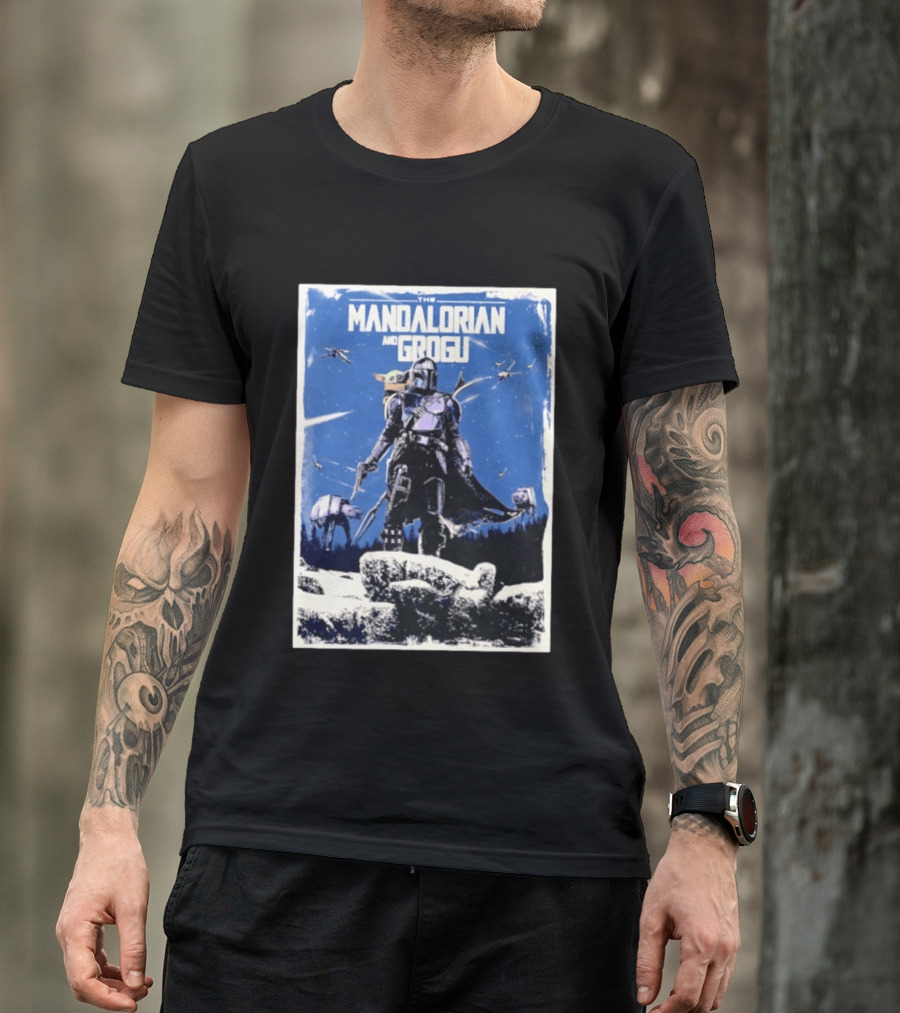 The Mandalorian And Grogu Star Wars Baby Yoda Scene With AT AT And X Wings T-Shirt