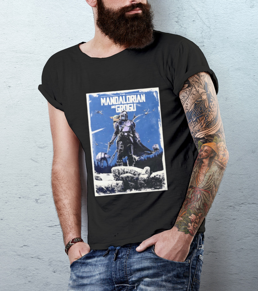 The Mandalorian And Grogu Star Wars Baby Yoda Scene With AT AT And X Wings T-Shirt