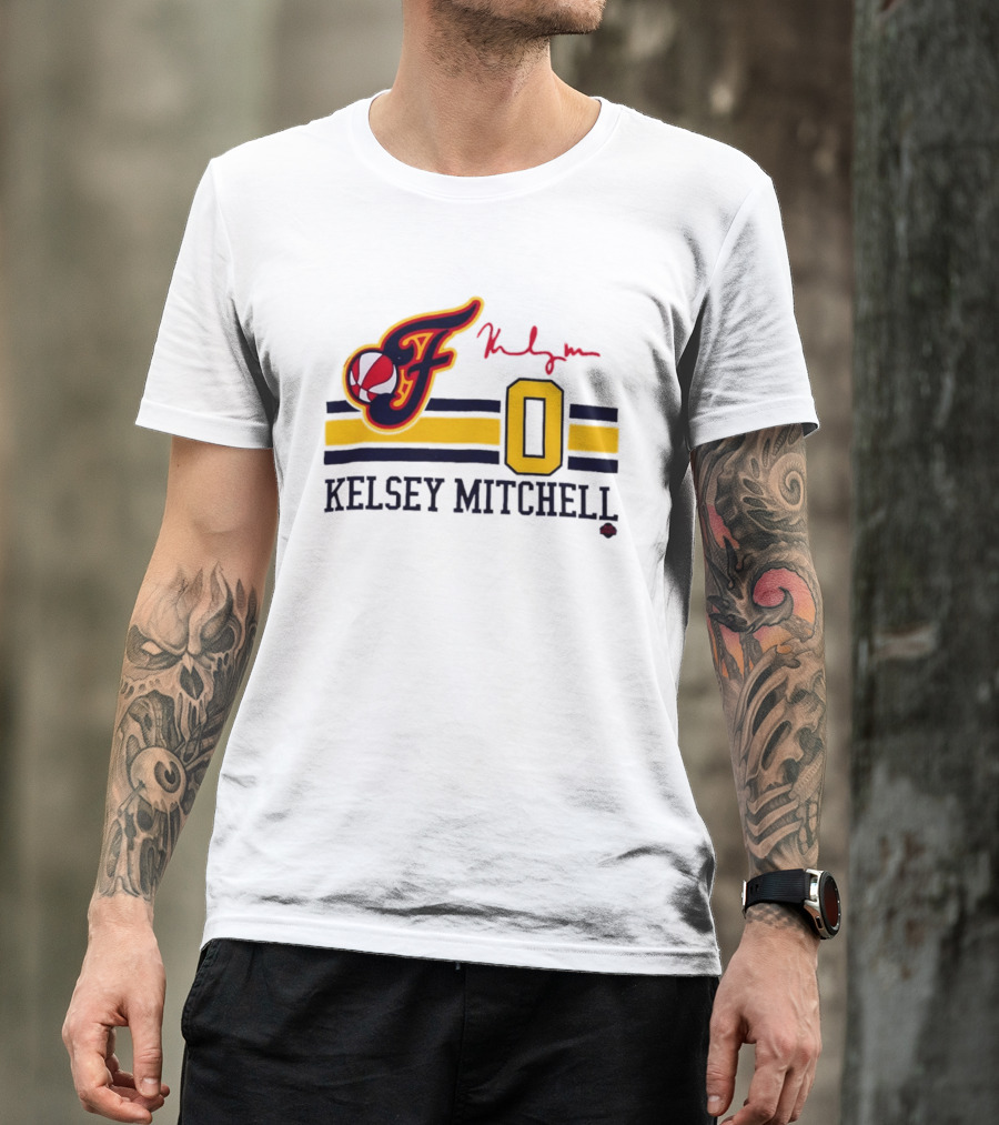 Kelsey Mitchell Indiana Fever No. 0 F Logo And Signature T-Shirt