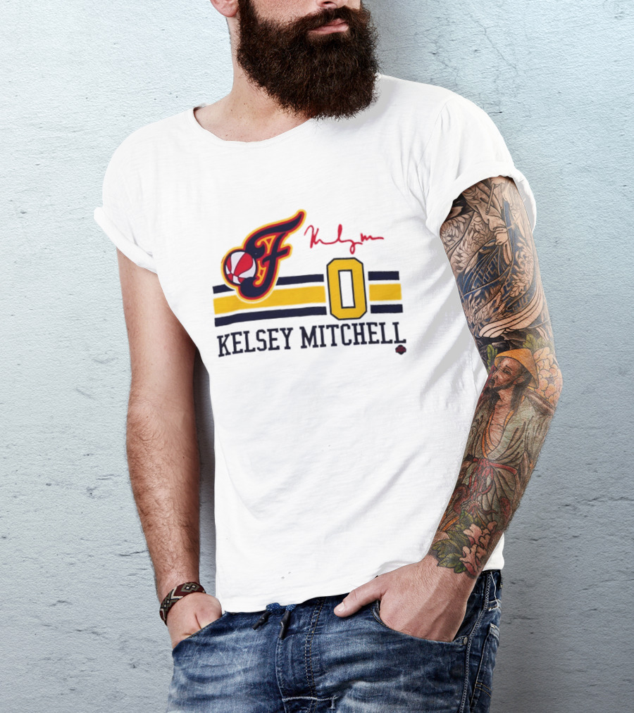 Kelsey Mitchell Indiana Fever No. 0 F Logo And Signature T-Shirt