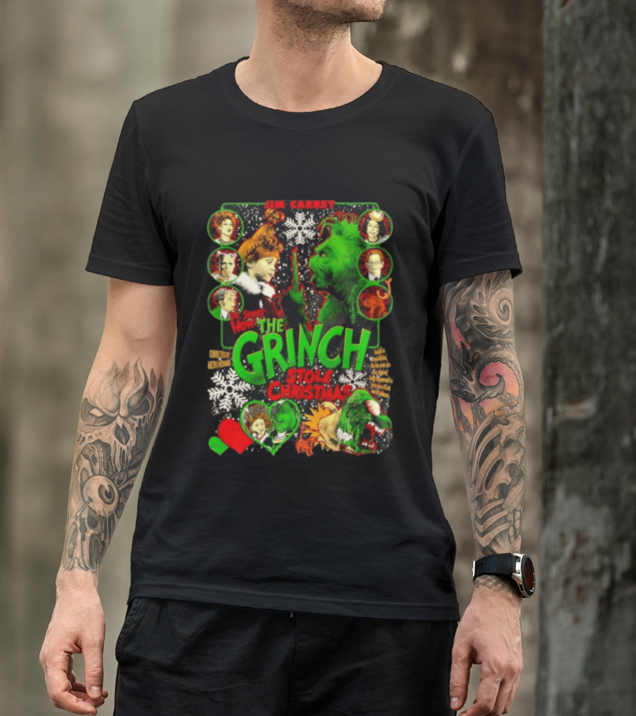 Jim Carrey Dr Seuss How The Grinch Stole Christmas Movie With Characters And Snowflakes T-Shirt