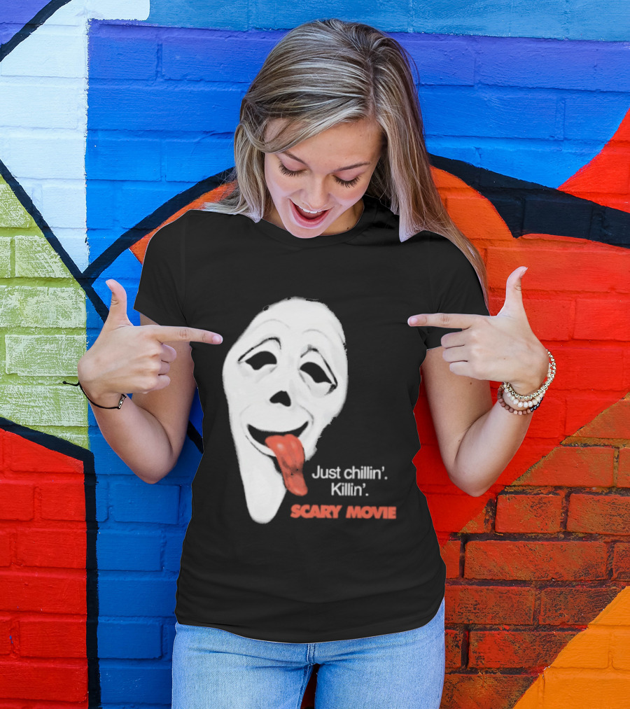 Just Chillin' Killin' Scary Movie Ghostface Mask With Red Tongue T-Shirt