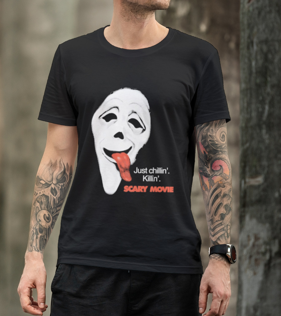 Just Chillin' Killin' Scary Movie Ghostface Mask With Red Tongue T-Shirt