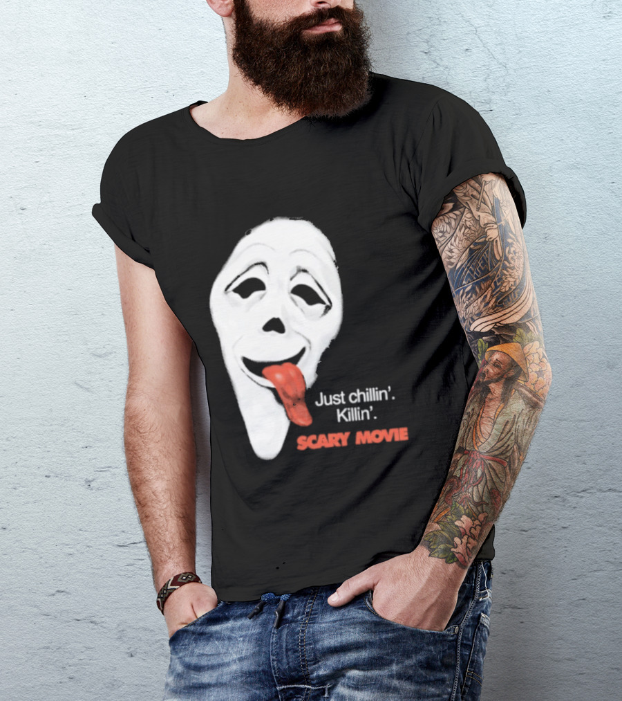 Just Chillin' Killin' Scary Movie Ghostface Mask With Red Tongue T-Shirt