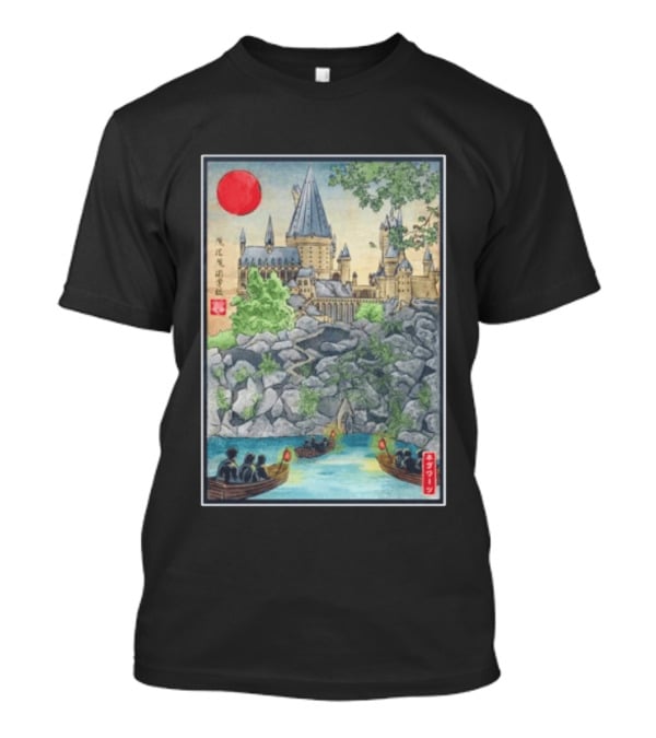 Hogwarts School Of Witchcraft And Wizardry Japanese Ukiyo E Style Castle With Boats And Red Sun T-Shirt