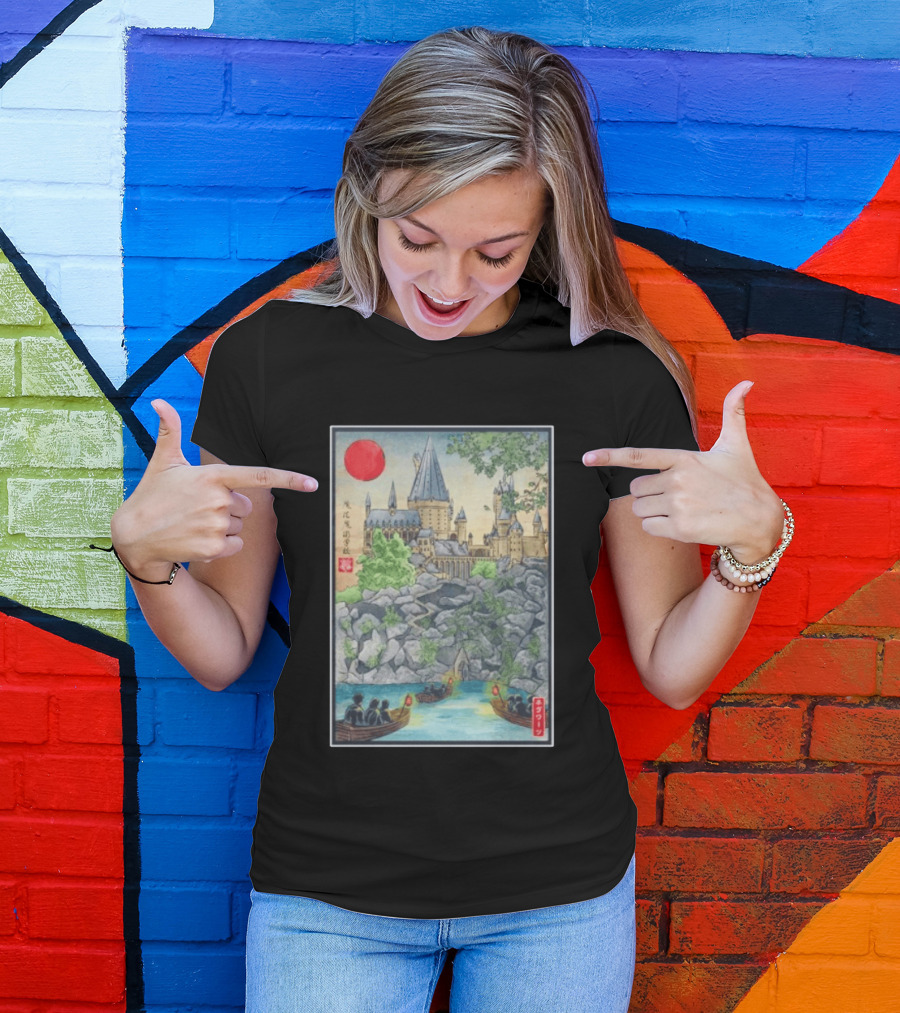 Hogwarts School Of Witchcraft And Wizardry Japanese Ukiyo E Style Castle With Boats And Red Sun T-Shirt
