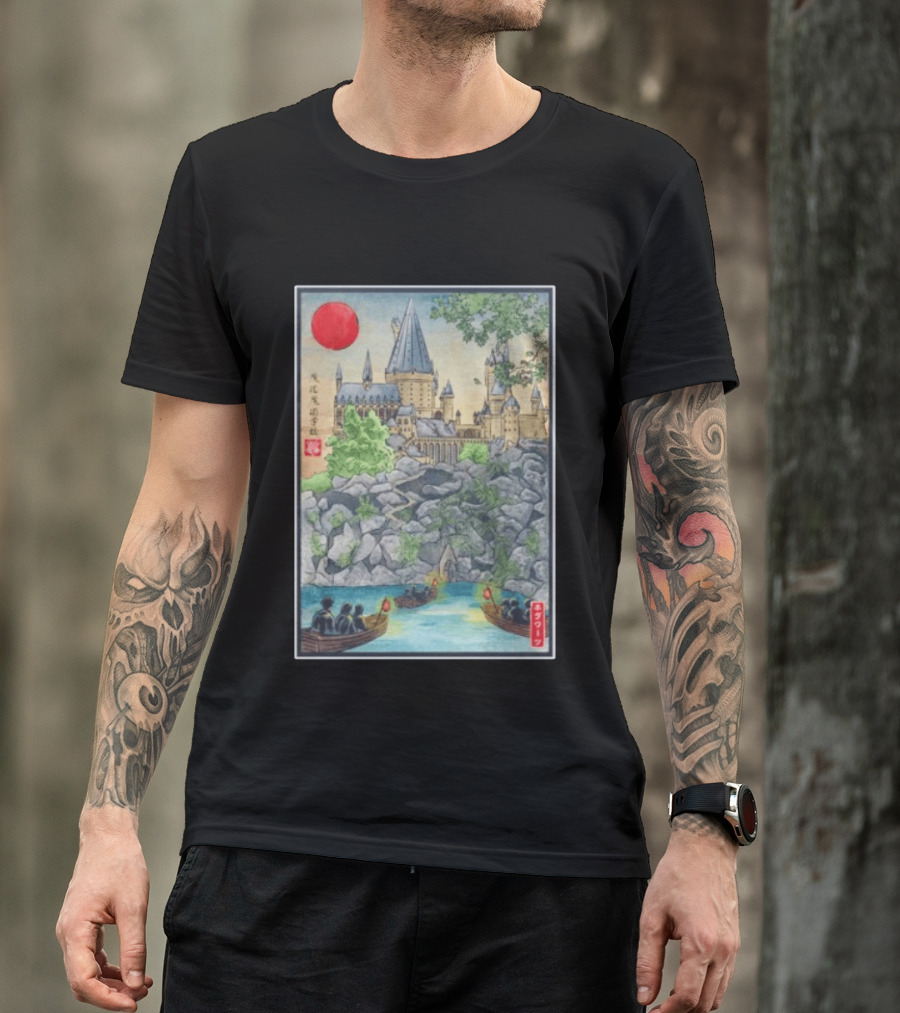 Hogwarts School Of Witchcraft And Wizardry Japanese Ukiyo E Style Castle With Boats And Red Sun T-Shirt