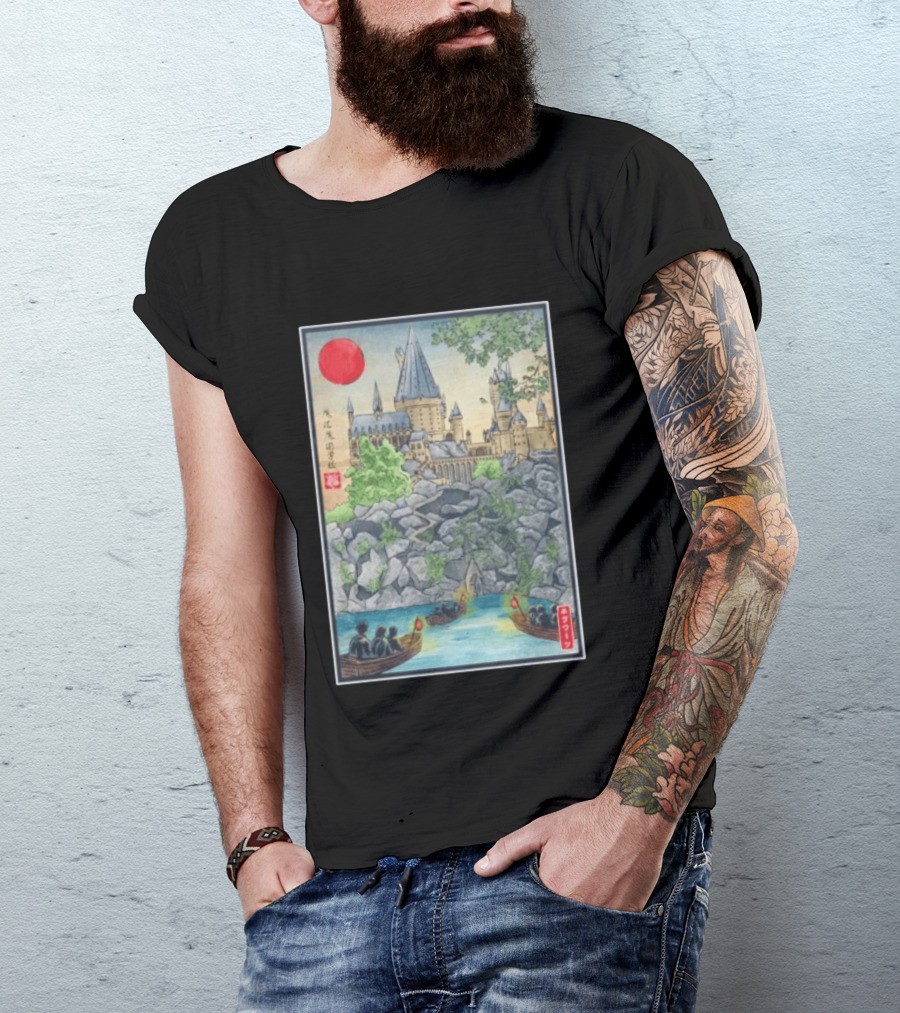 Hogwarts School Of Witchcraft And Wizardry Japanese Ukiyo E Style Castle With Boats And Red Sun T-Shirt