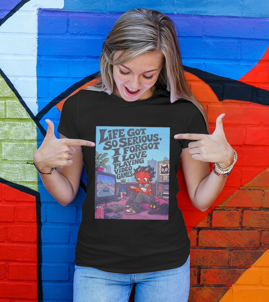 Life Got So Serious I Forgot I Love Playing Video Games City Room Scene Retro Character And Cat T-Shirt