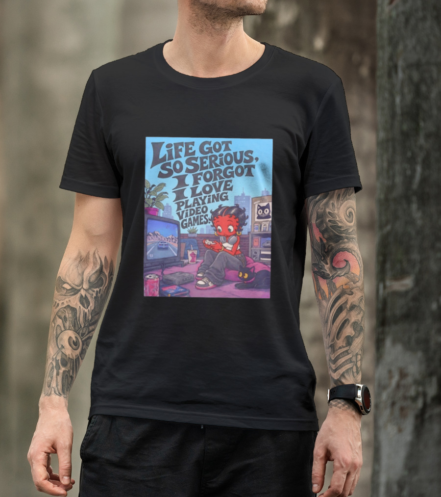 Life Got So Serious I Forgot I Love Playing Video Games City Room Scene Retro Character And Cat T-Shirt