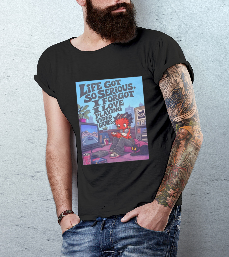 Life Got So Serious I Forgot I Love Playing Video Games City Room Scene Retro Character And Cat T-Shirt