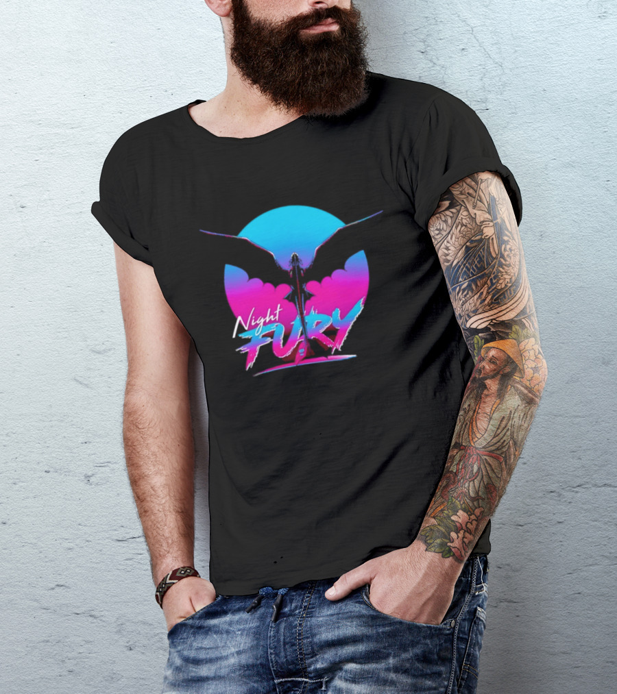 Night Fury Dragon Silhouette Neon Blue And Pink T-Shirt